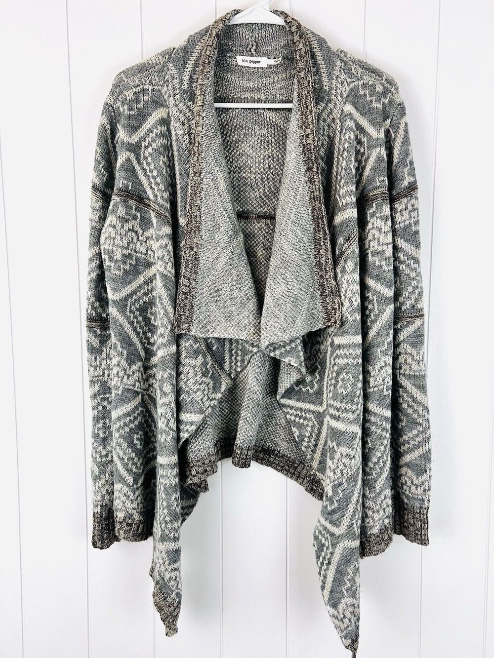 Blu Pepper Grey Aztec Open Front Draped Geometric Print Cardigan Womens Med Boho